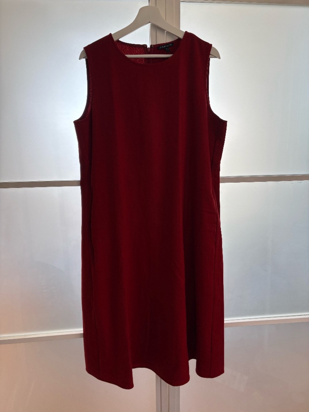 Eileen Fisher 100% Wool Sleeveless Shift Dress Dark Red Pockets Large